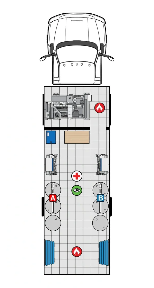 Top-down diagram of a rig layout with labeled components